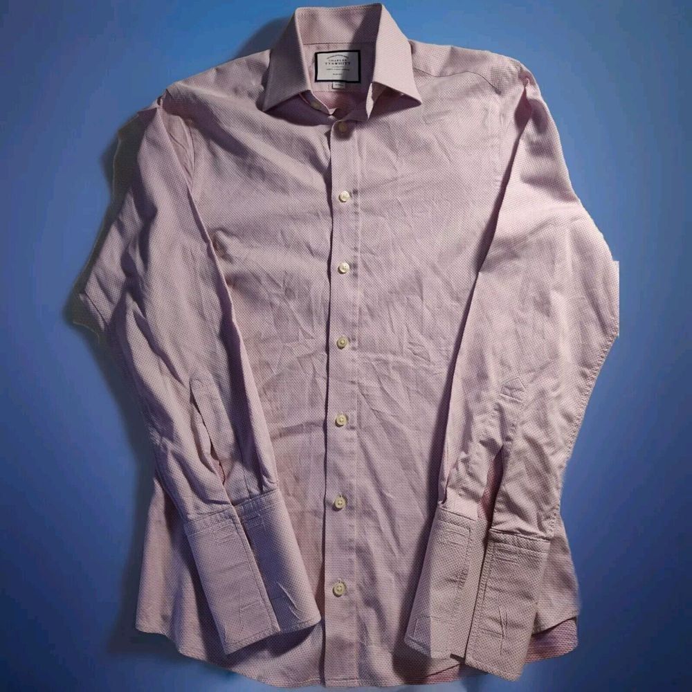 Charles Tyrwhitt Mens Shirt Button Pink Textured French Cuff Medium 16/34 936